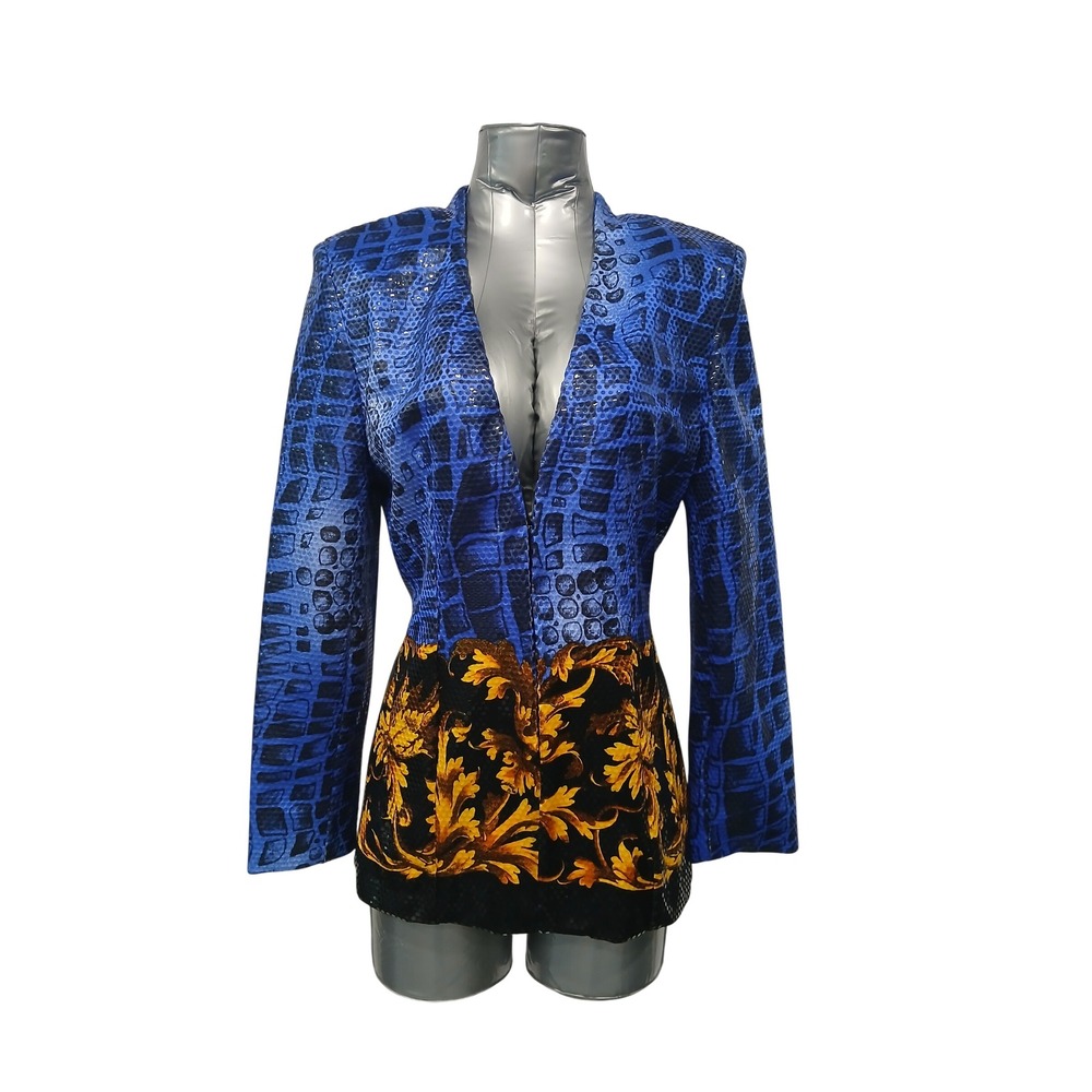 Carre Paris Blue Sequin Baroque Crocodile Print Open Front Blazer Made in France